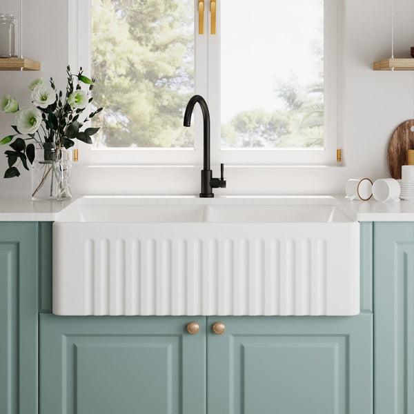 DeerValley Eclipse 33" L X 18" W Dual Basin White Ceramic Farmhouse Kitchen Sink DV-1K028/0080
