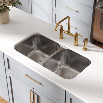 DeerValley DV-1K0358/359 32" Undermount Double Bowl Sink, 18 Gauge Stainless Steel & Basket Strainer