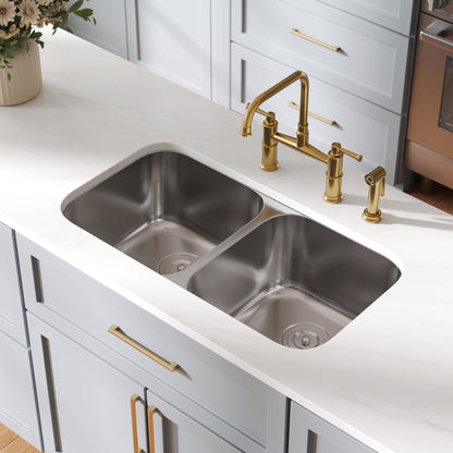 DeerValley 32-Inch Undermount Double Bowl Kitchen Sink, 50/50 18 Gauge Stainless Steel Kitchen Sink, Spacious Double Basin Design Sinks with Basket Strainer, Undermount Sinks for Modern Kitchens