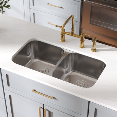 DeerValley DV-1K0358/359 32" Undermount Double Bowl Sink, 18 Gauge Stainless Steel & Basket Strainer