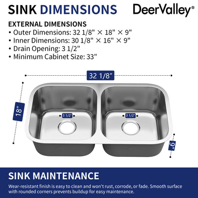 DeerValley DV-1K0358/359 32" Undermount Double Bowl Sink, 18 Gauge Stainless Steel & Basket Strainer