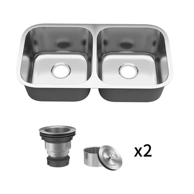 DeerValley DV-1K0358/359 32" Undermount Double Bowl Sink, 18 Gauge Stainless Steel & Basket Strainer