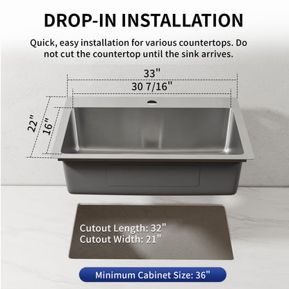 DeerValley DV-1K0468 Drop-In Sink 33 Inch Single Bowl Stainless Steel with Grid and Fast Drain