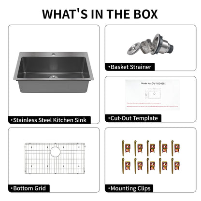 DeerValley DV-1K0468 Drop-In Sink 33 Inch Single Bowl Stainless Steel with Grid and Fast Drain