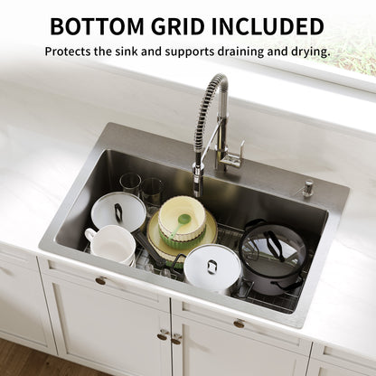 DeerValley DV-1K0468 Drop-In Sink 33 Inch Single Bowl Stainless Steel with Grid and Fast Drain