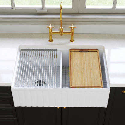 DeerValley DV-1K0486 33 in. Farmhouse 50/50 Double Bowl White Fireclay Workstation Kitchen Sink with Accessories