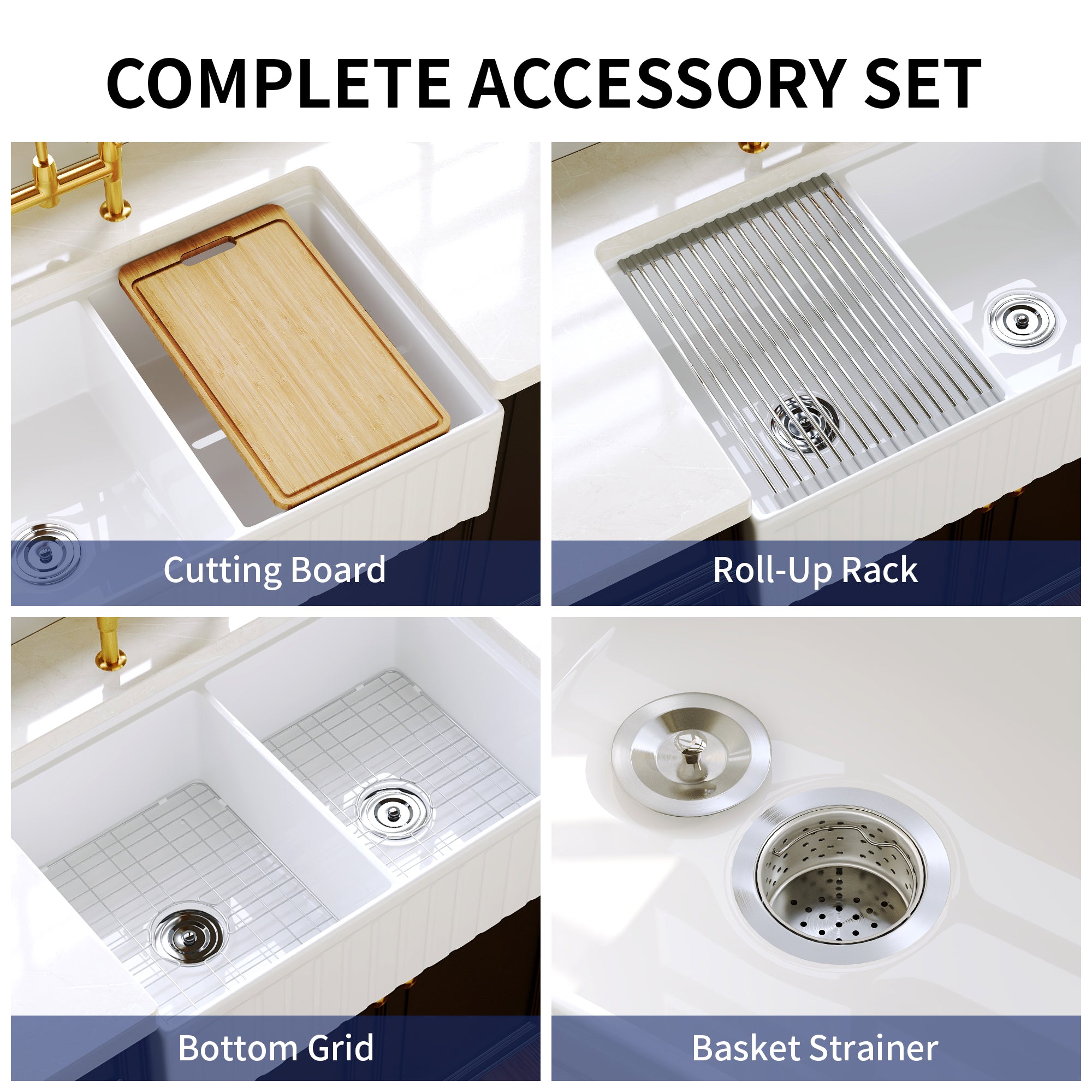 DeerValley DV-1K0486 33 in. Farmhouse 50/50 Double Bowl White Fireclay Workstation Kitchen Sink with Accessories
