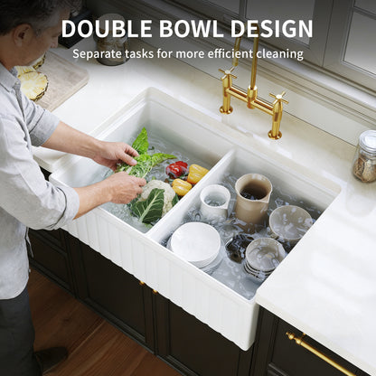 DeerValley DV-1K0486 33 in. Farmhouse 50/50 Double Bowl White Fireclay Workstation Kitchen Sink with Accessories