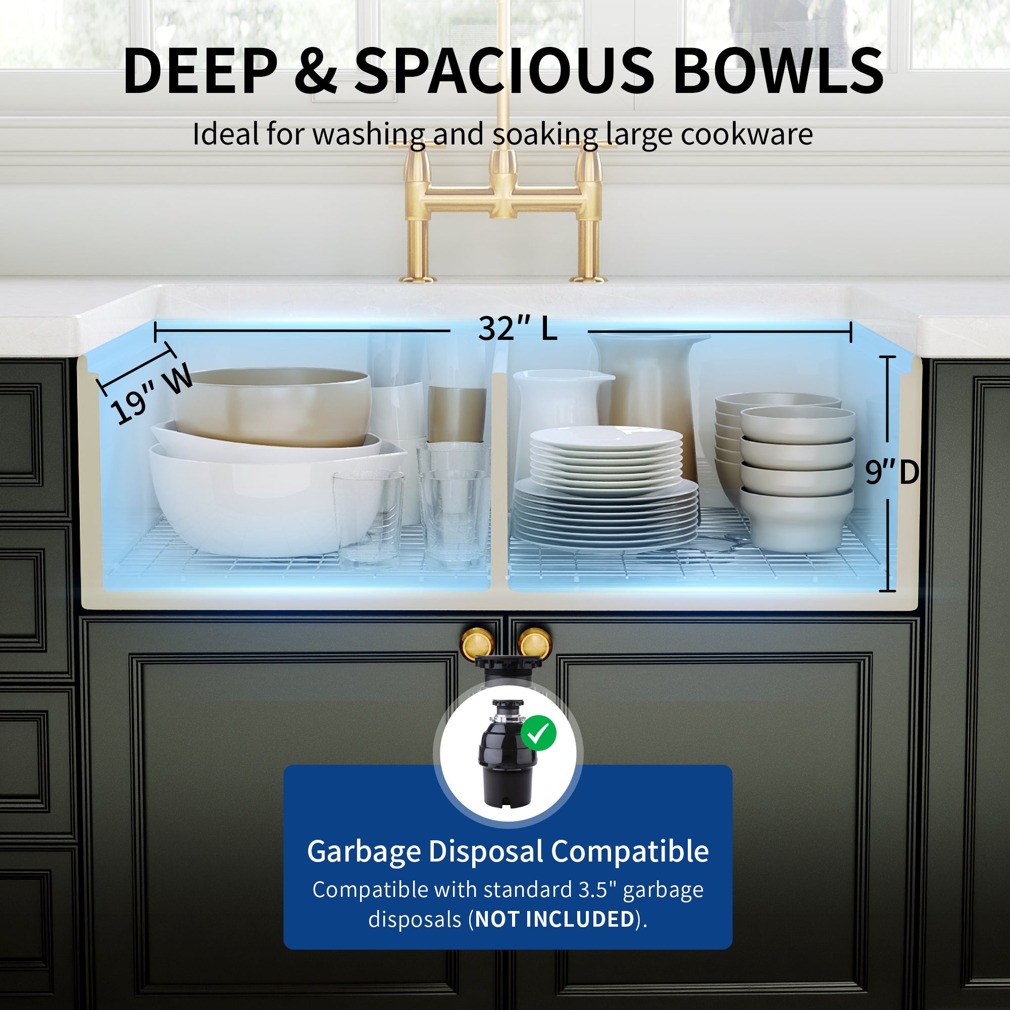 DeerValley DV-1K0486 33 in. Farmhouse 50/50 Double Bowl White Fireclay Workstation Kitchen Sink with Accessories