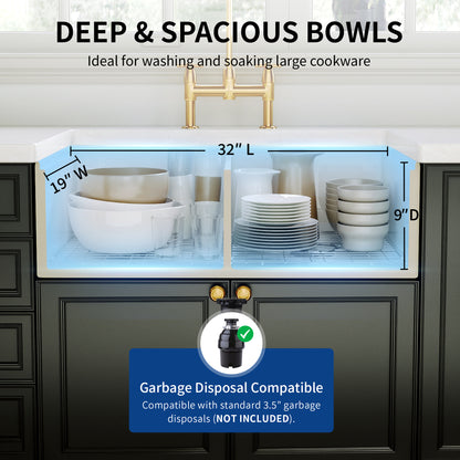 DeerValley DV-1K0486 33 in. Farmhouse 50/50 Double Bowl White Fireclay Workstation Kitchen Sink with Accessories