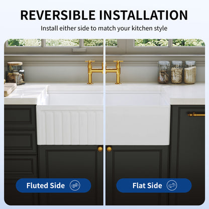 DeerValley DV-1K0486 33 in. Farmhouse 50/50 Double Bowl White Fireclay Workstation Kitchen Sink with Accessories