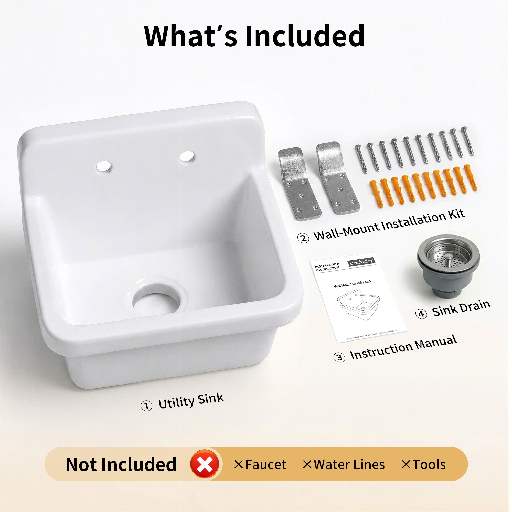 DeerValley DV-1K0487 Fireclay Utility Sink, Deep Basin & Wall-Mount Kit