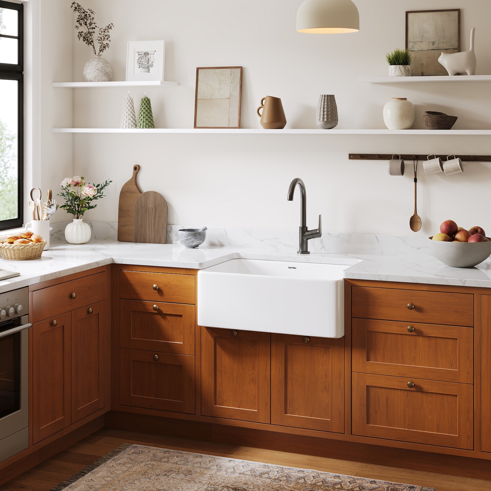 Deervalley DV-1K0579 Fireclay Farmhouse Kitchen Sink, Apron Front Single Bowl Workstation Sink With Accessories