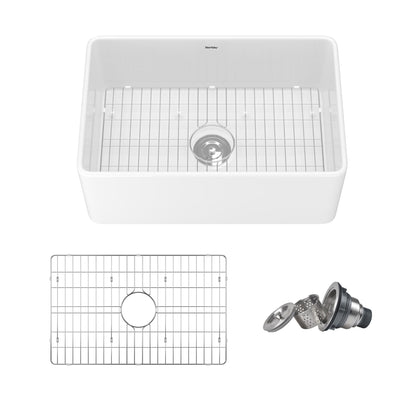 Deervalley DV-1K0579 Fireclay Farmhouse Kitchen Sink, Apron Front Single Bowl Workstation Sink With Accessories