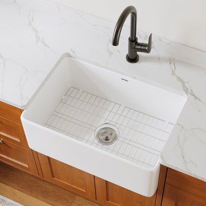 Deervalley DV-1K0579 Fireclay Farmhouse Kitchen Sink, Apron Front Single Bowl Workstation Sink With Accessories