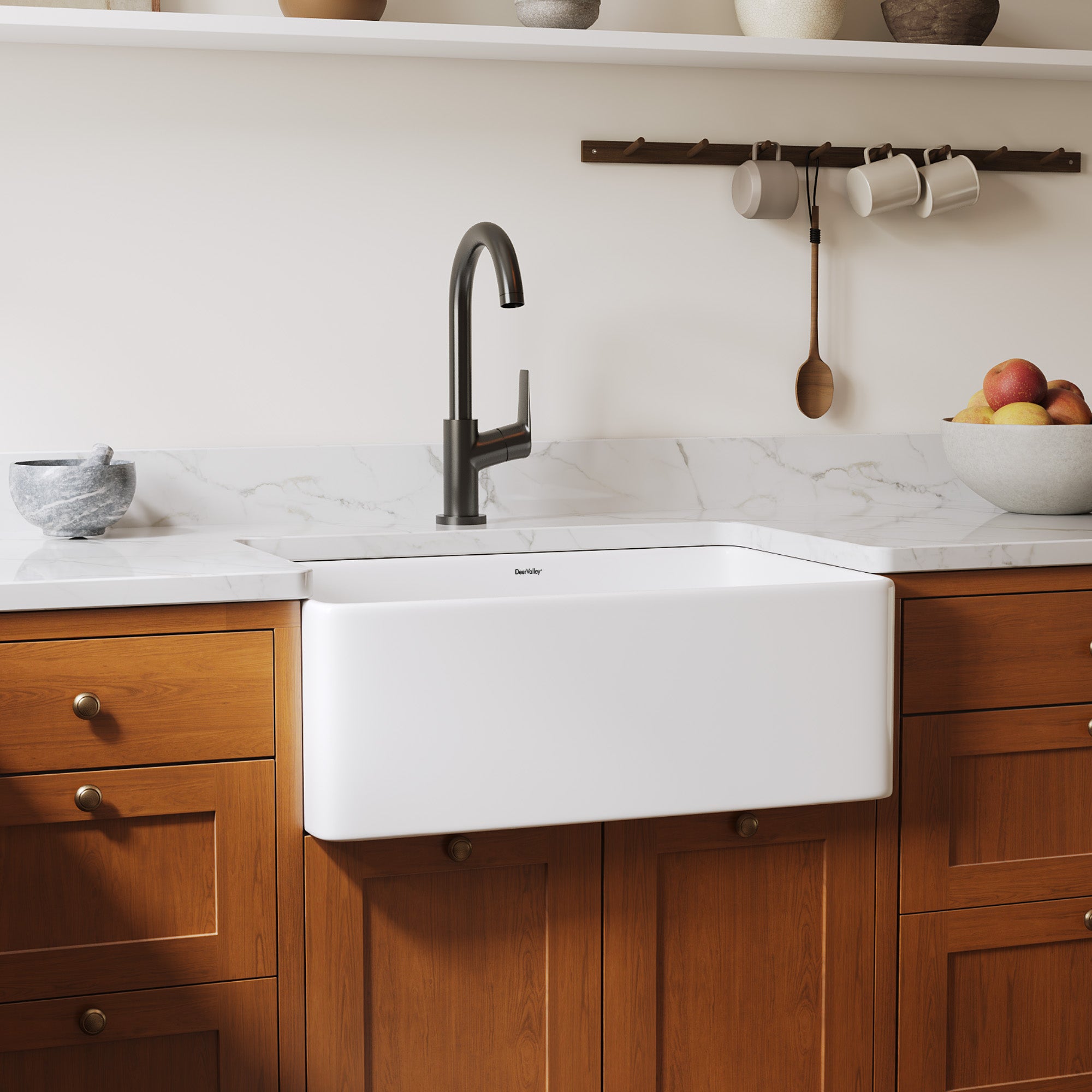 Deervalley DV-1K0579 Fireclay Farmhouse Kitchen Sink, Apron Front Single Bowl Workstation Sink With Accessories