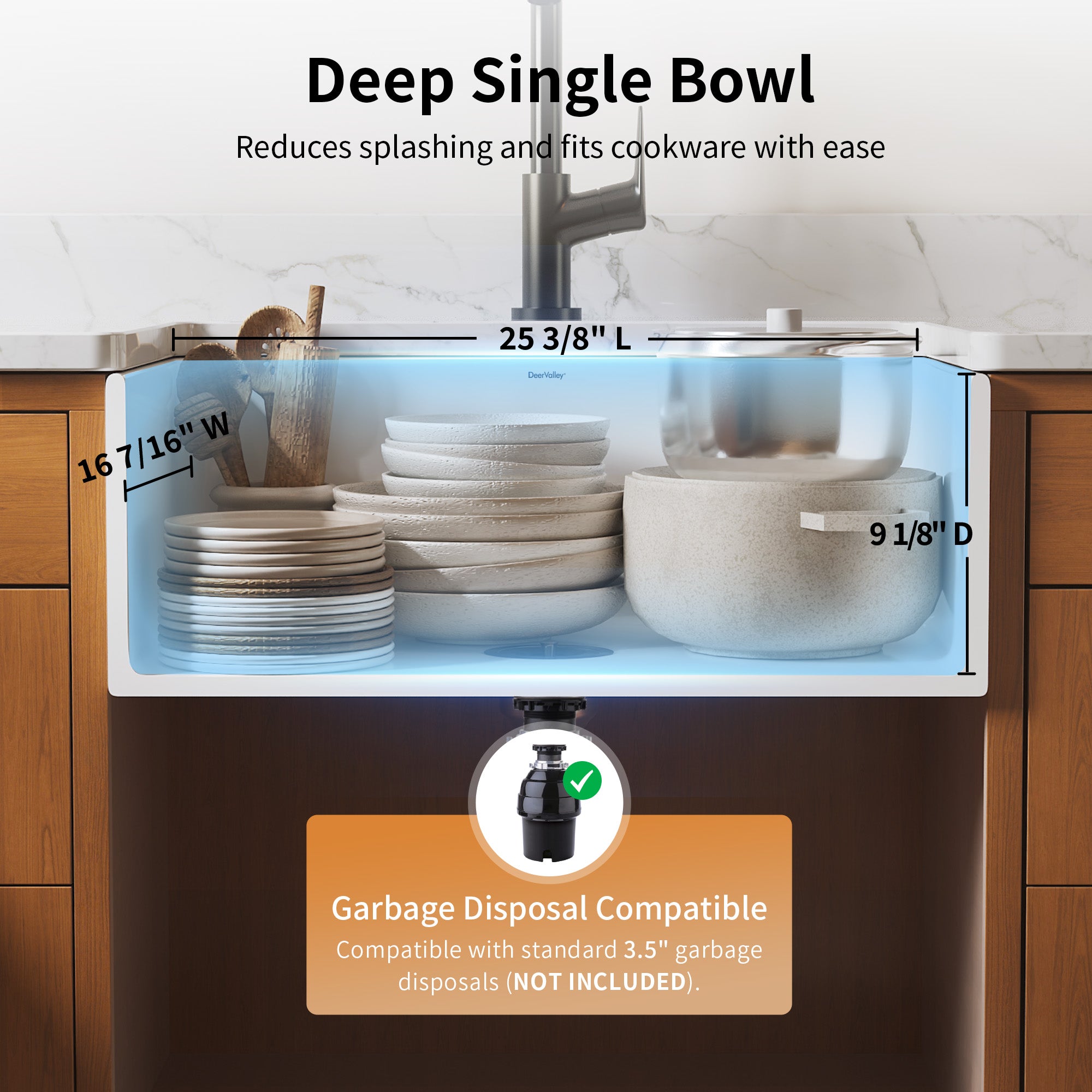 Deervalley DV-1K0579 Fireclay Farmhouse Kitchen Sink, Apron Front Single Bowl Workstation Sink With Accessories
