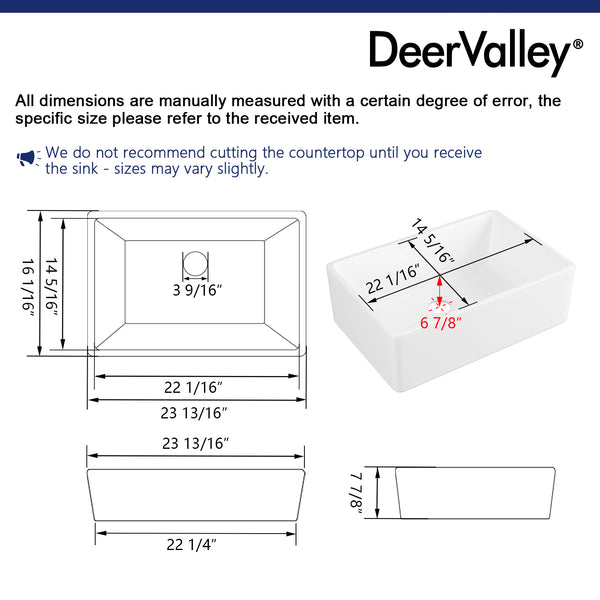 DeerValley DV-1K116 Perch 24" L x 16" W Mini Farmhouse Ceramic Single Bowl Kitchen Sink with Accessories