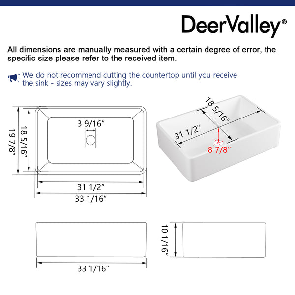 DeerValley Feast 33" L x 20" W Ceramic Farmhouse Kitchen Sink DV-1K119/0082