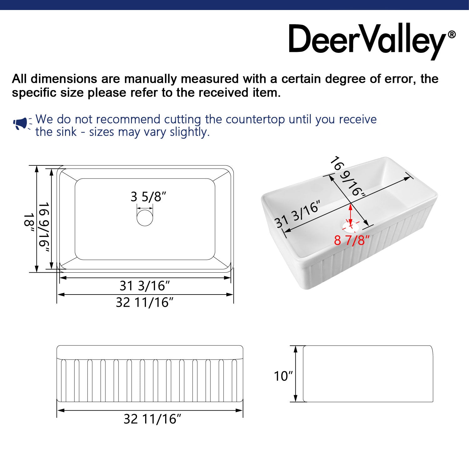 SOLSTICE 33" L x 18" W Rectangular Farmhouse Kitchen Sink, Easy-Cleaning With Multiple Colors