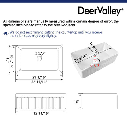 SOLSTICE 33" L x 18" W Rectangular Farmhouse Kitchen Sink, Easy-Cleaning With Multiple Colors