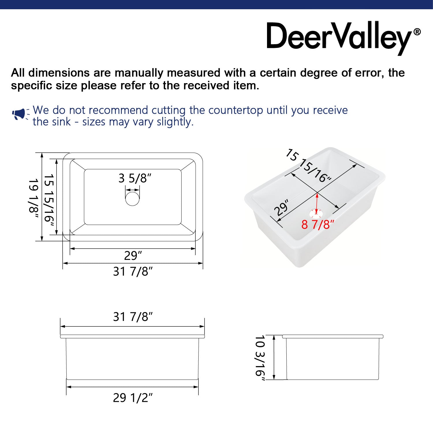 GLEN 31.89" L x 19.09" Rectangle Undermount Kitchen Sink, Large Capacity With Multiple Types