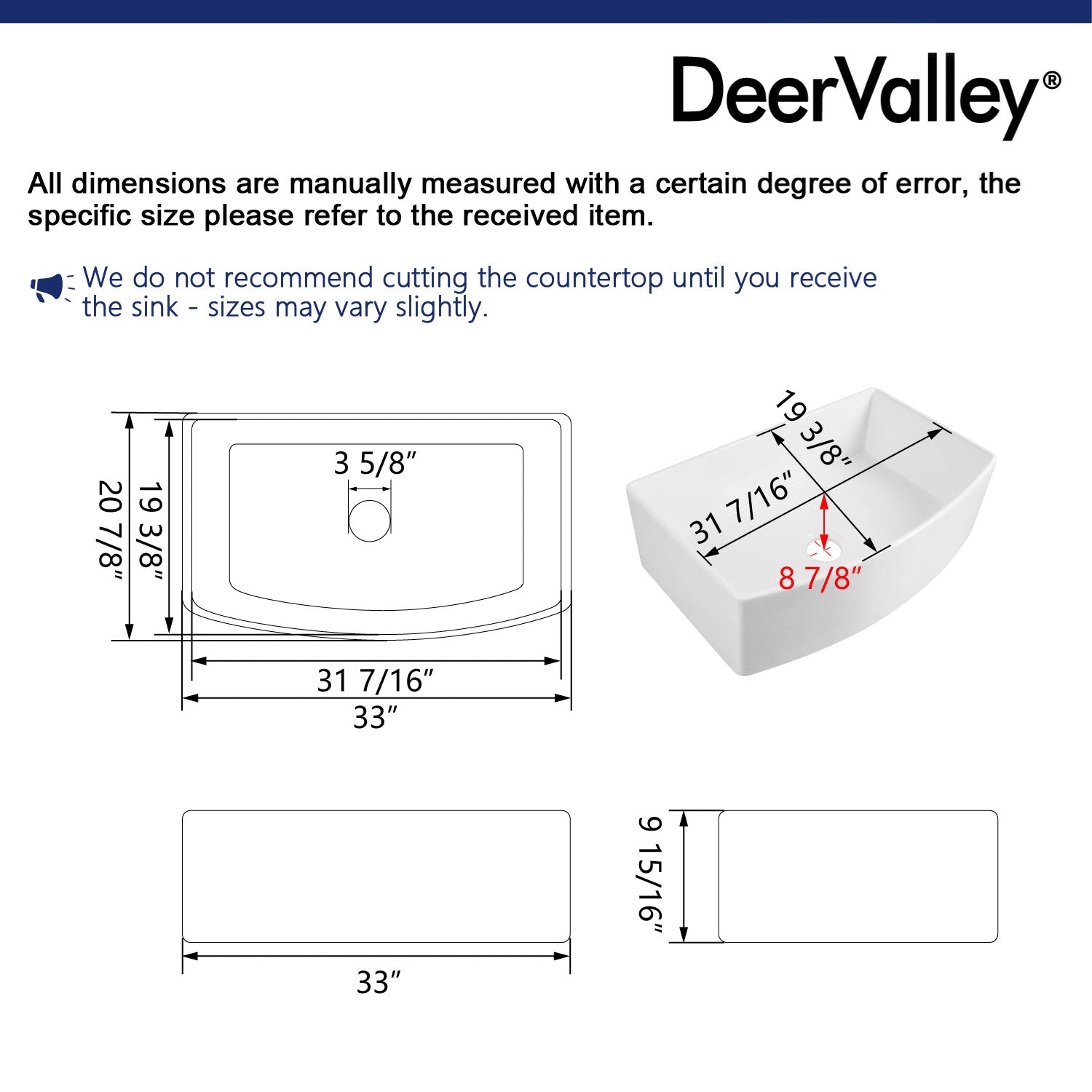 GROVE 33" L x 21" W Farmhouse Kitchen Sink, Corrosion-Resistant With Multiple Sizes