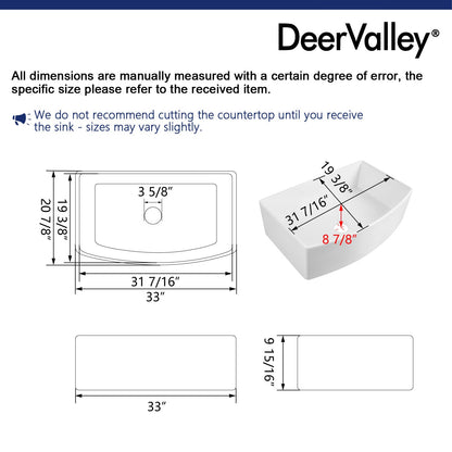 GROVE 33" L x 21" W Farmhouse Kitchen Sink, Corrosion-Resistant With Multiple Sizes