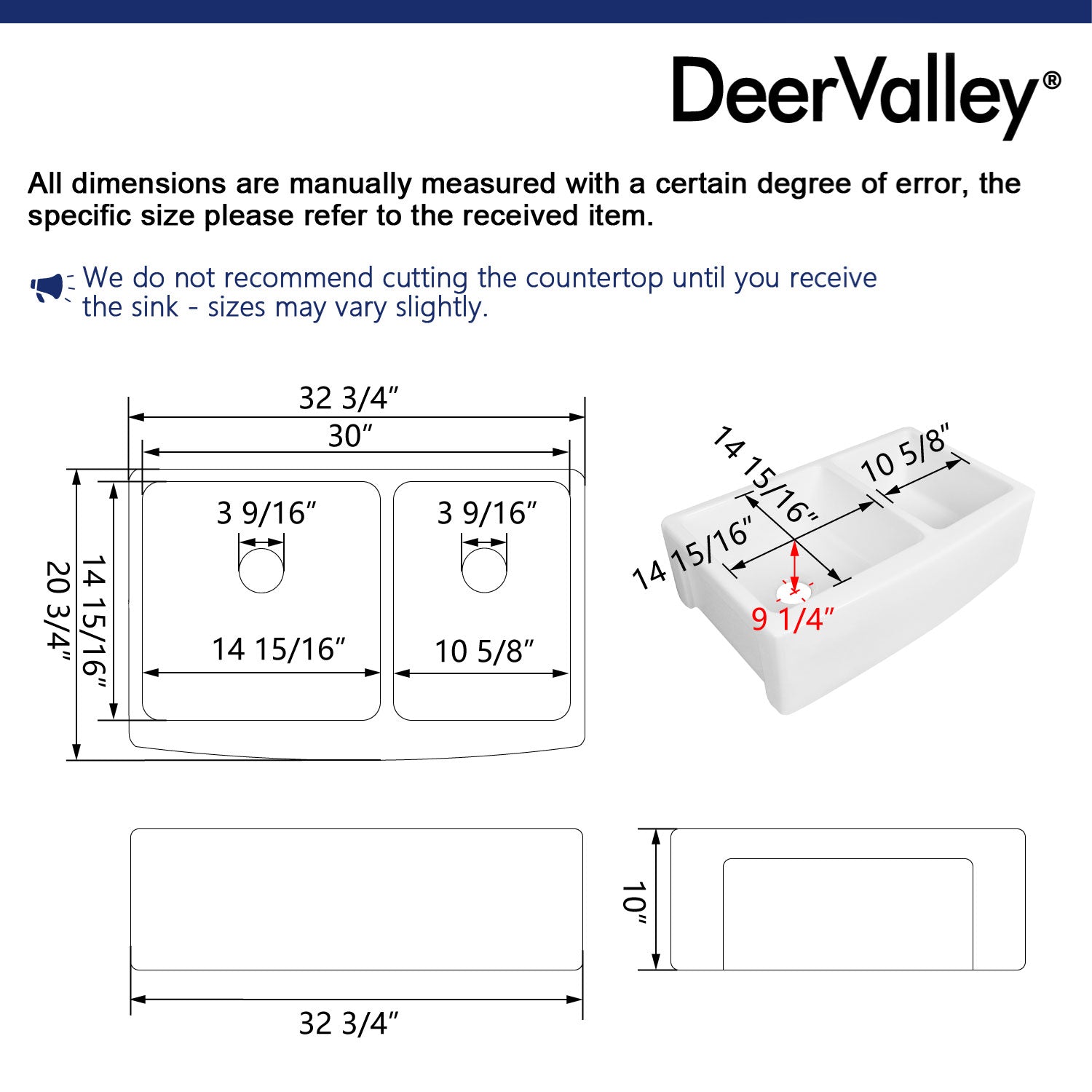 ECLIPSE 33" L X 21" W Rectangular Farmhouse Kitchen Sink, Hollow Cast