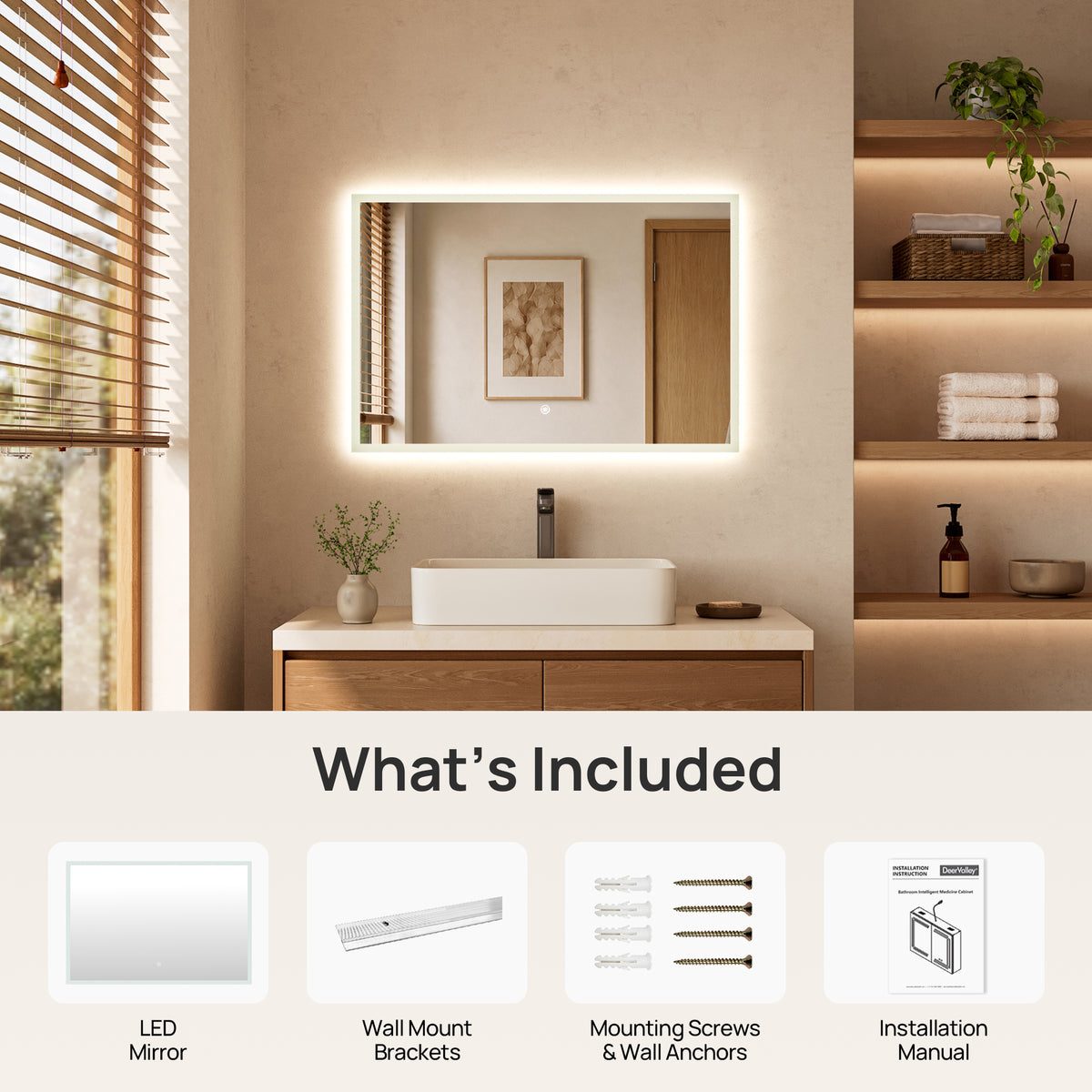 DeerValley DV-1MC0245 36" x 24" Frameless LED Bathroom Mirror with Anti-Fog