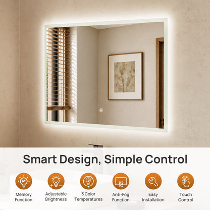 DeerValley DV-1MC0245 36" x 24" Frameless LED Bathroom Mirror with Anti-Fog