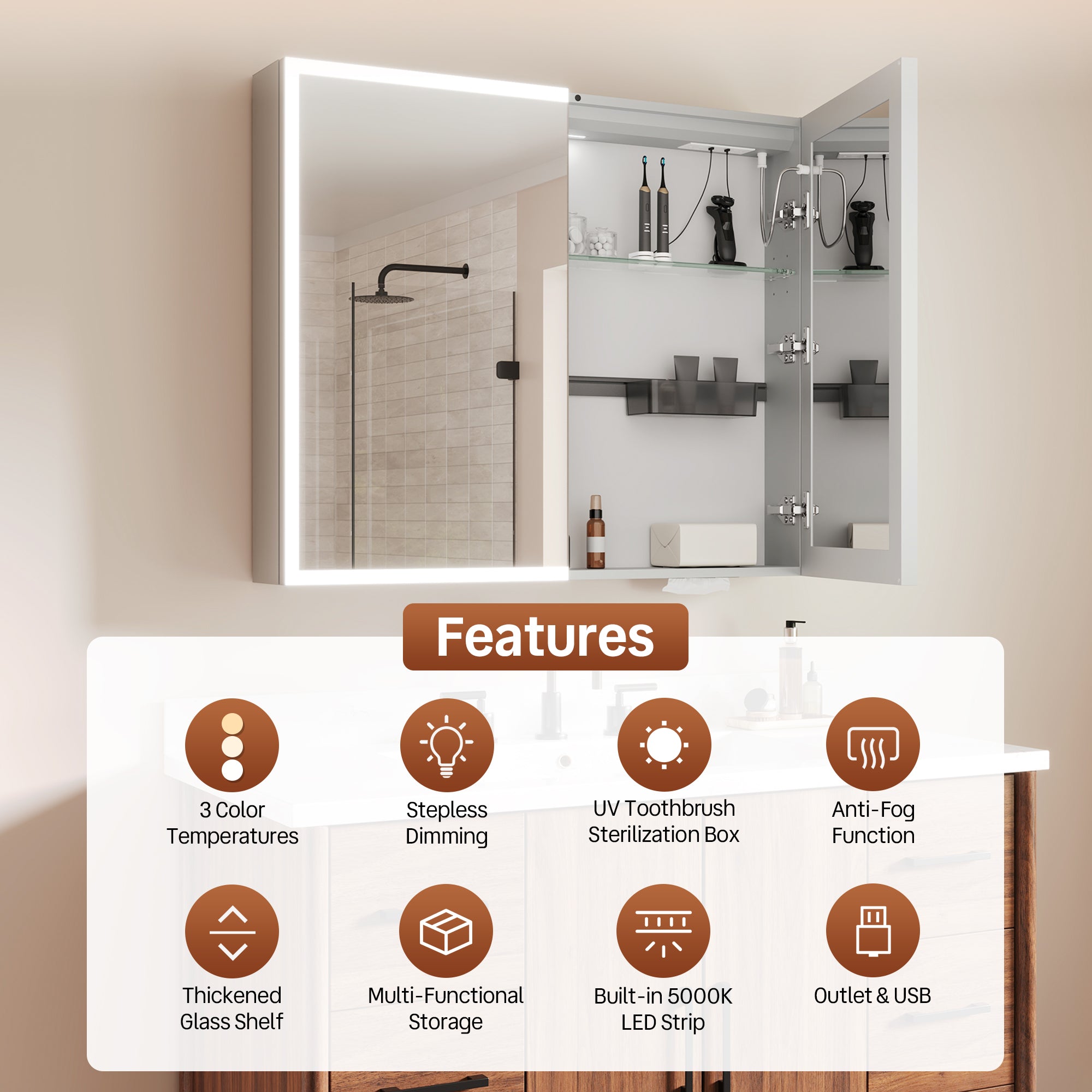 DeerValley DV-1MC0391 Smart LED Mirror Cabinet with Tri-Color Lighting, Stepless Dimming, and Defogger