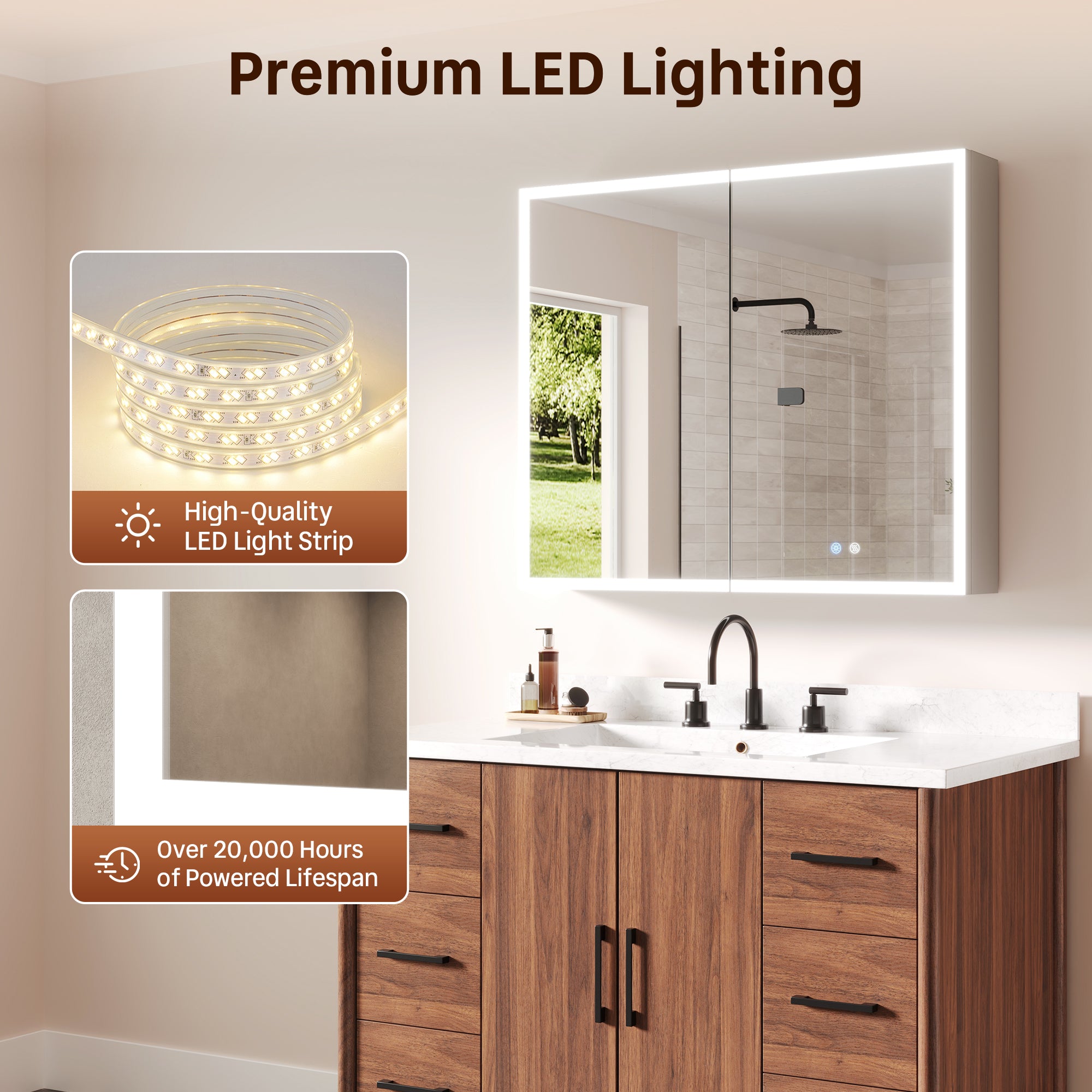 DeerValley DV-1MC0391 Smart LED Mirror Cabinet with Tri-Color Lighting, Stepless Dimming, and Defogger