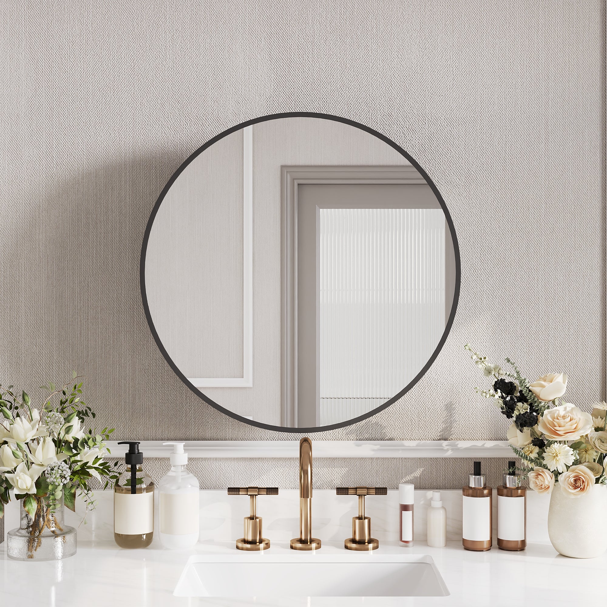 24" Round Door Aluminum Bathroom Medicine Cabinet, Wall Mounted Mirror Cabinet with Interior Mirror, Adjustable Glass Shelves, Rust-Resistant & Soft-Closing Hinge, Modern Space-Saving Design