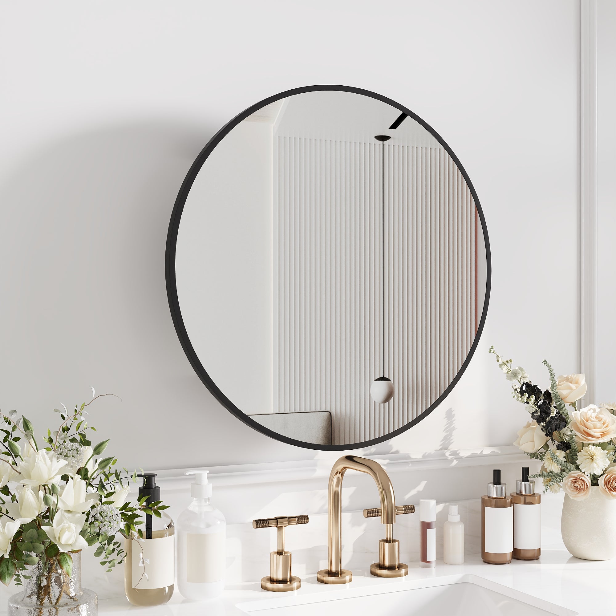 24" Round Door Aluminum Bathroom Medicine Cabinet, Wall Mounted Mirror Cabinet with Interior Mirror, Adjustable Glass Shelves, Rust-Resistant & Soft-Closing Hinge, Modern Space-Saving Design