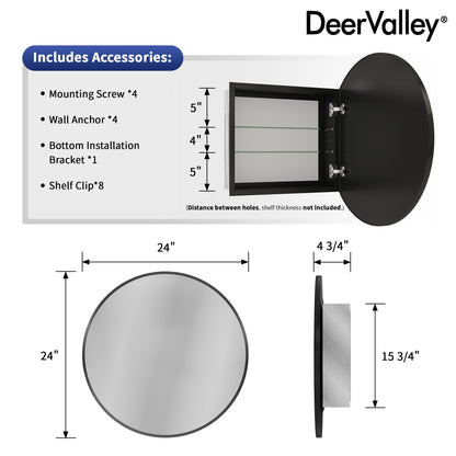 24" Round Door Aluminum Bathroom Medicine Cabinet, Wall Mounted Mirror Cabinet with Interior Mirror, Adjustable Glass Shelves, Rust-Resistant & Soft-Closing Hinge, Modern Space-Saving Design