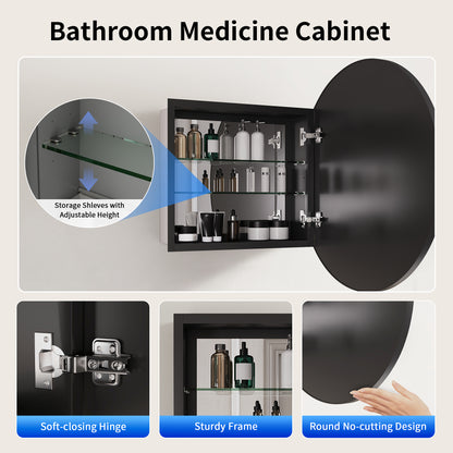 DeerValley DV-1MC0402 24" Round Door Aluminum Bathroom Medicine Cabinet, Wall Mounted Mirror Cabinet with Interior Mirror, Adjustable Glass Shelves, Rust-Resistant & Soft-Closing Hinge, Modern Space-Saving Design