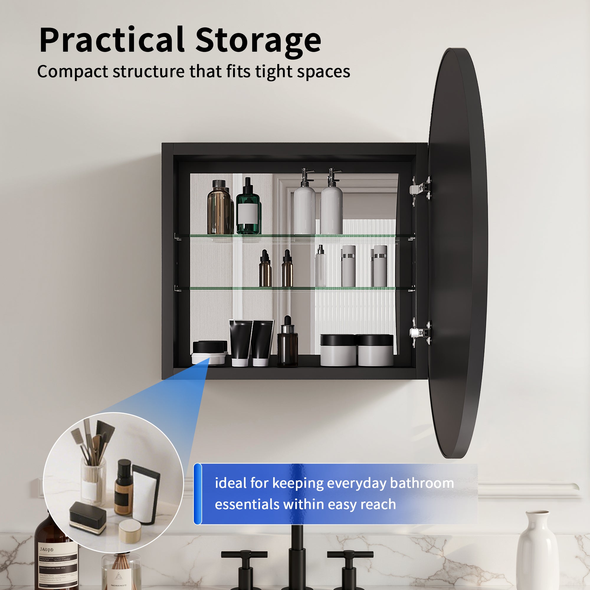 DeerValley DV-1MC0402 24" Round Door Aluminum Bathroom Medicine Cabinet, Wall Mounted Mirror Cabinet with Interior Mirror, Adjustable Glass Shelves, Rust-Resistant & Soft-Closing Hinge, Modern Space-Saving Design