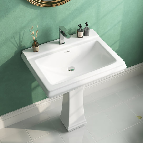 APEX 26" X 20" Rectangular Pedestal Bathroom Sink, Overflow Hole With Multiple Colors and Types