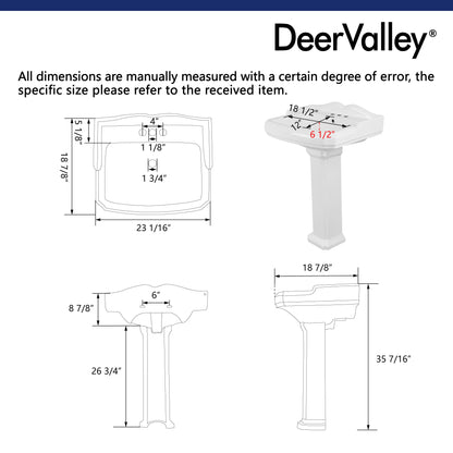 DYNASTY 23" X 19" Rectangular Pedestal Bathroom Sink, Overflow Hole With Multiple Colors and Types