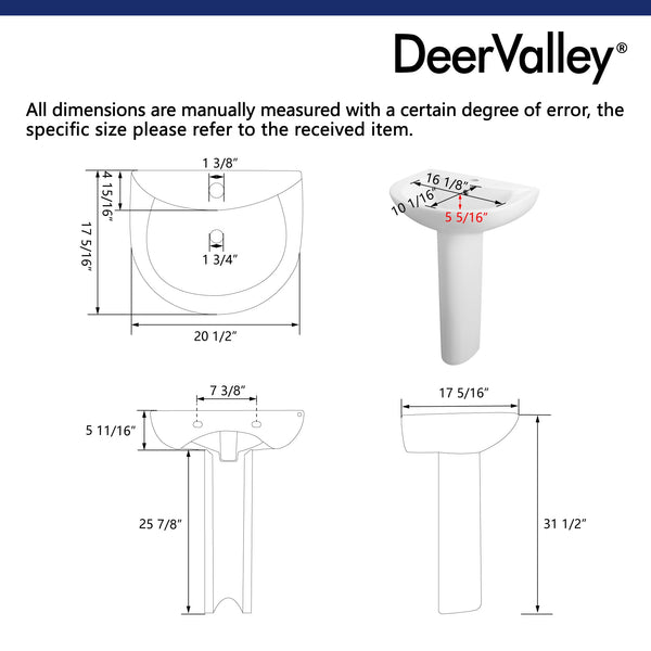 DV-1P523 Liberty 20" X 17" U-Shape Pedestal Bathroom Sink, Overflow Hole