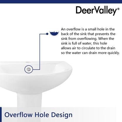 DeerValley Bath DeerValley DV-1P523 Liberty 20" X 17" U-Shape White Ceramic Pedestal Bathroom Sink With Overflow