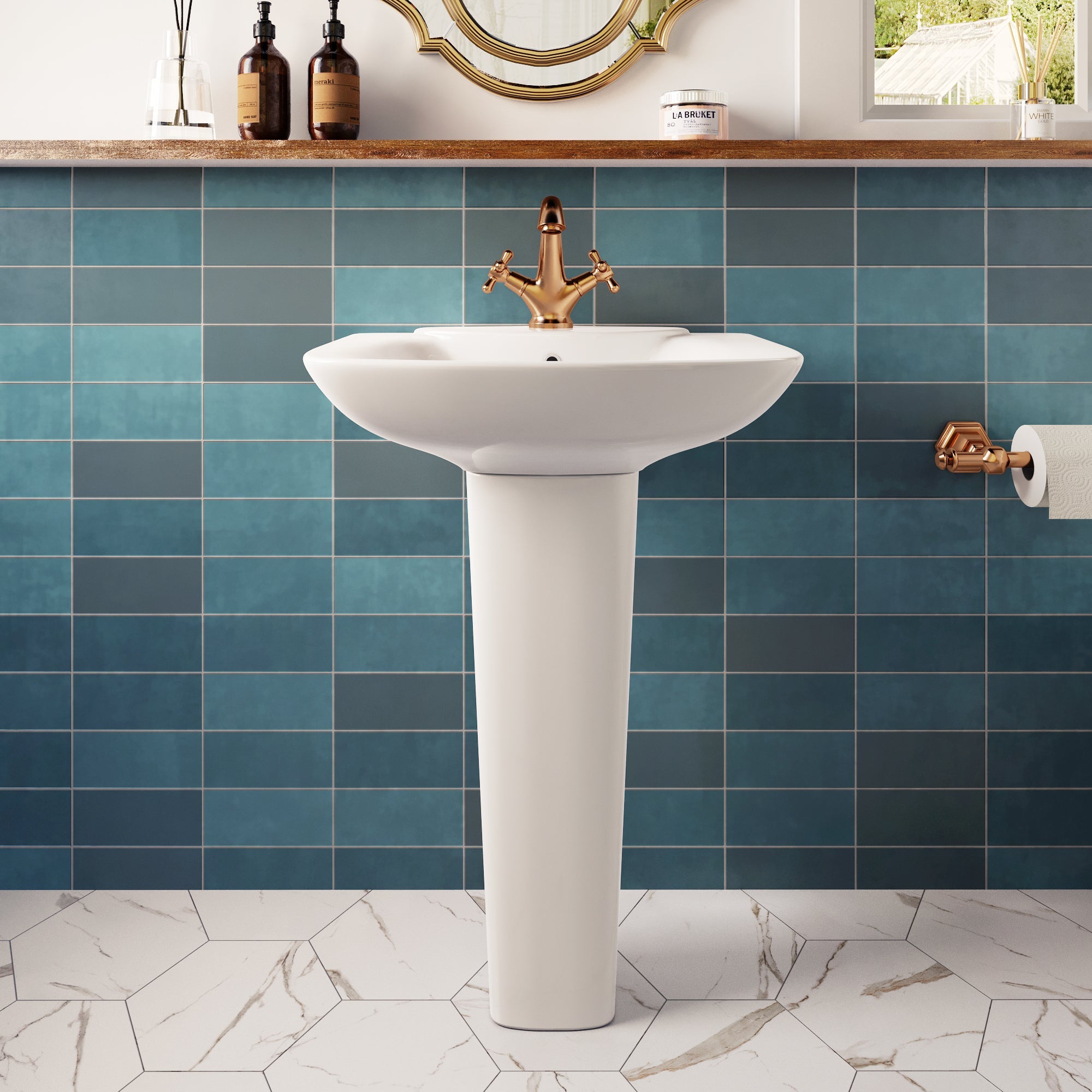 APEX 33.8" Rectangular Pedestal Bathroom Sink, Single Faucet Holes