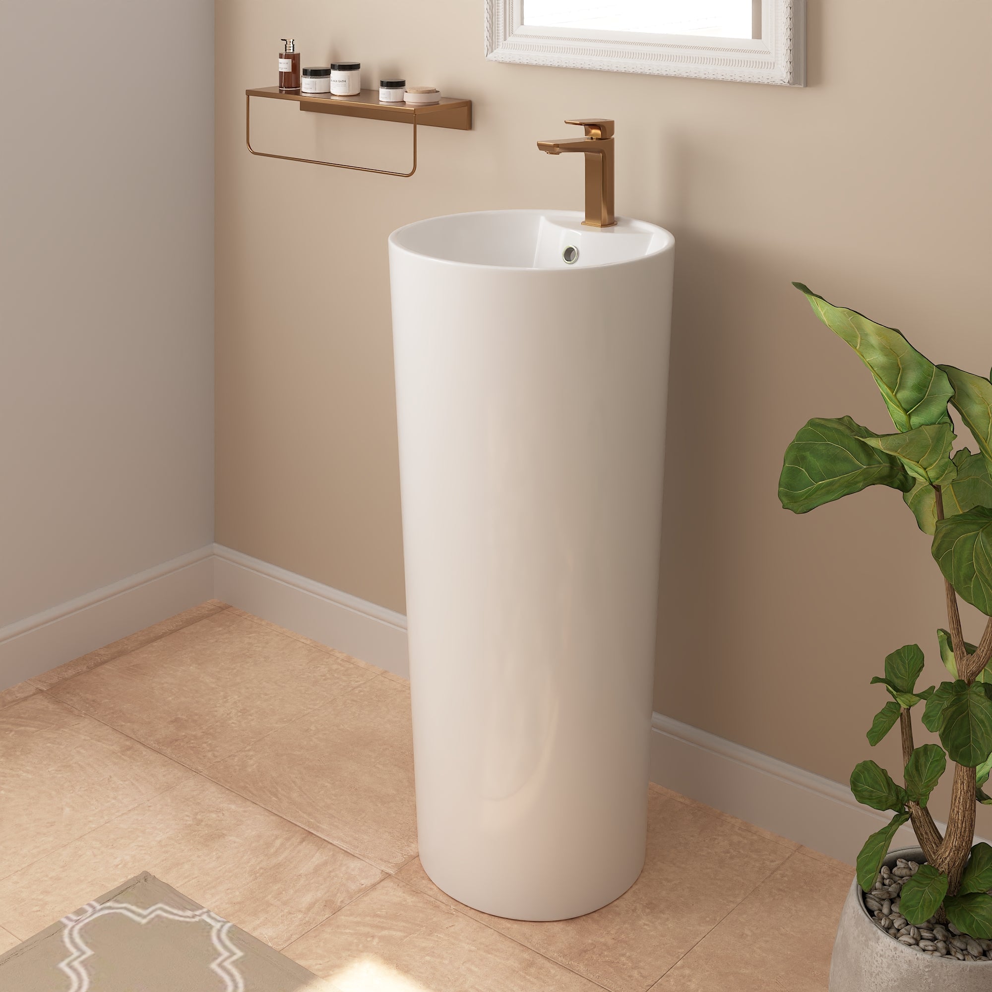 15.75" Round Pedestal Bathroom Sink, Overflow Hole