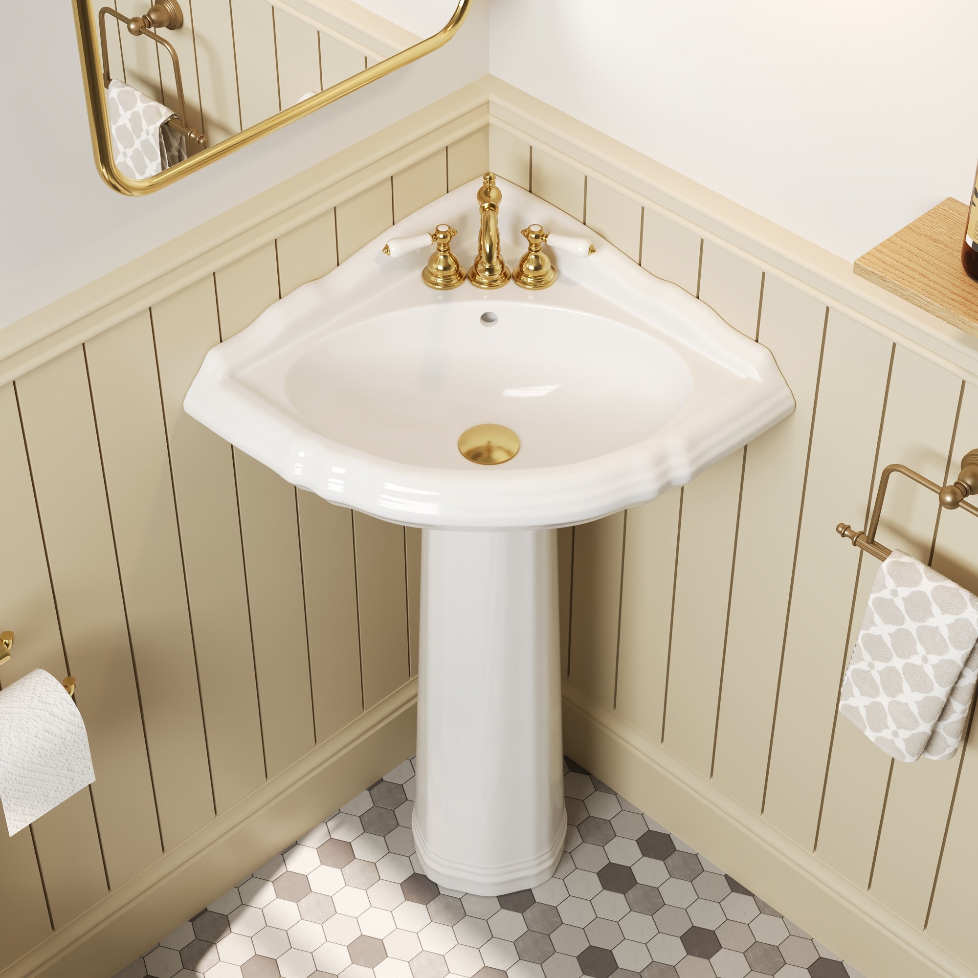 DYNASTY 26.77"L Triangle Pedestal Bathroom Sink, Overflow Hole