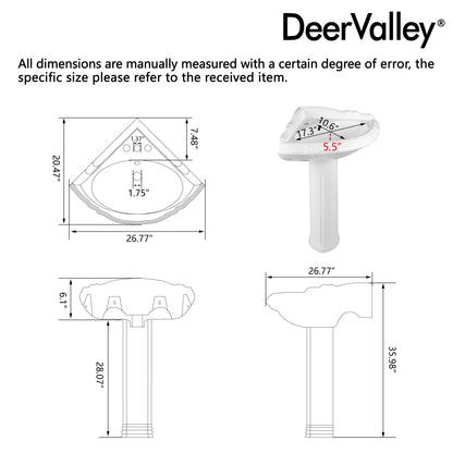 DYNASTY 26.77"L Triangle Pedestal Bathroom Sink, Overflow Hole