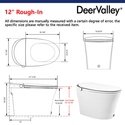 DeerValley DV-1S0019/V1/V3 Tankless Elongated Smart Toilet Quiet-Closed Heated Seat Sensor Auto, Foot Kick & Blackout Flush, Night Light