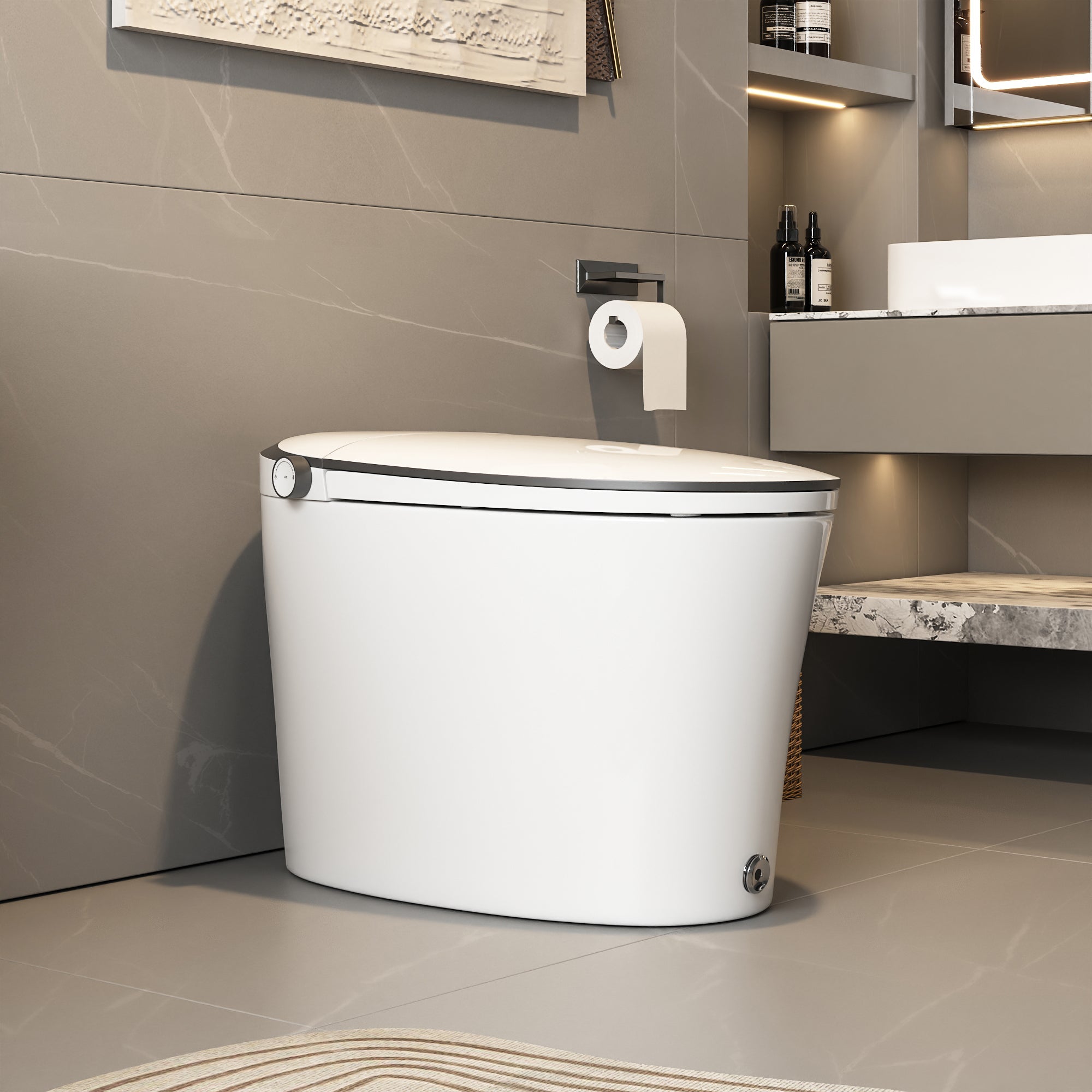 DeerValley DV-1S0019/V1/V3 Tankless Elongated Smart Toilet Quiet-Closed Heated Seat Sensor Auto, Foot Kick & Blackout Flush, Night Light