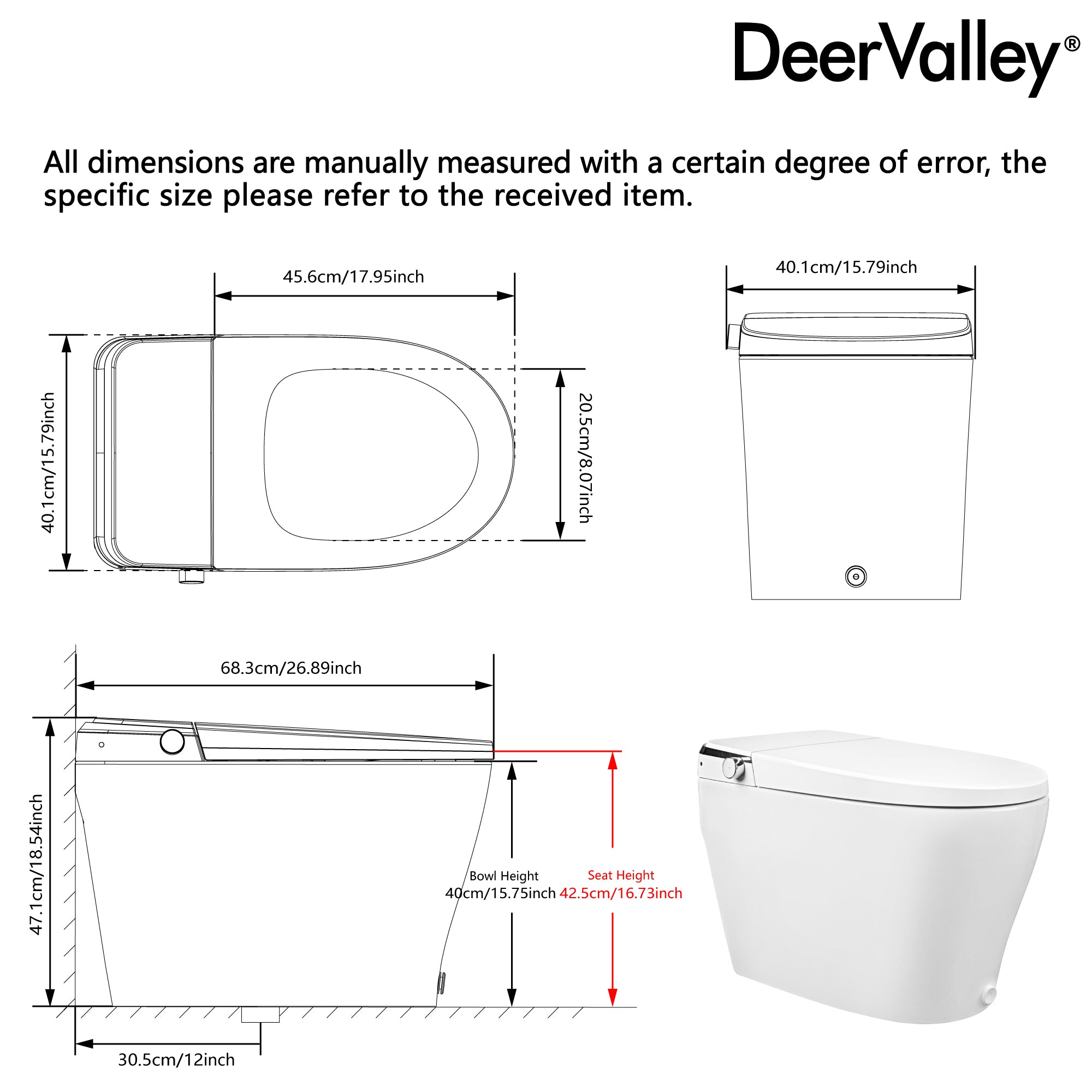 DeerValley DV-1S0290-V3 Smart Toilet Bidet, One Piece Elongated Toilet with Foam Shield, Auto Open/Close Lid, Auto Flush 1.0/1.28 GPF, ADA Comfort Height, Heated Seat, LED Display, Built-in Water Tank & Pump