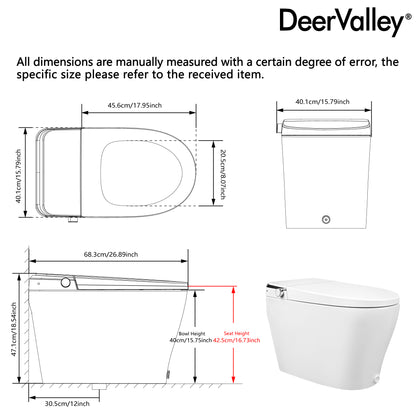 DeerValley DV-1S0290-V3 Smart Toilet Bidet, One Piece Elongated Toilet with Foam Shield, Auto Open/Close Lid, Auto Flush 1.0/1.28 GPF, ADA Comfort Height, Heated Seat, LED Display, Built-in Water Tank & Pump